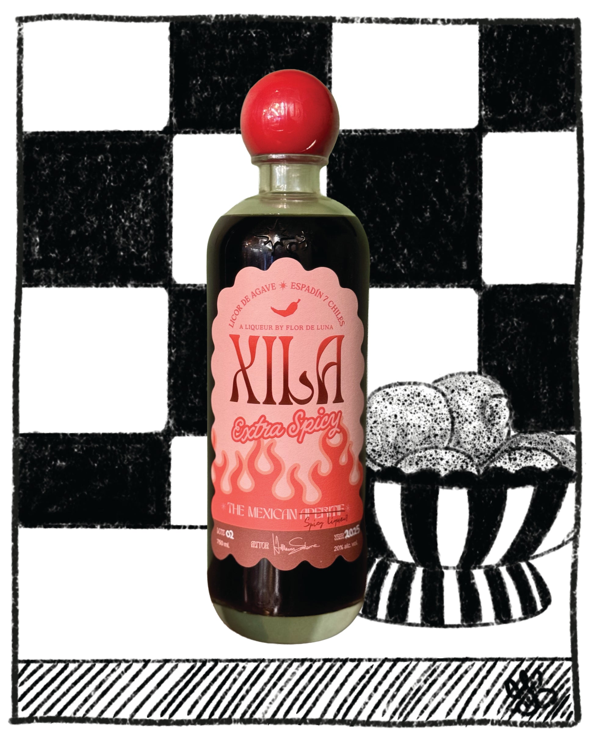 Xila extra spicy Mexican aperitif on a black and white background