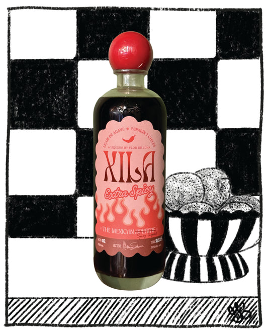 Xila extra spicy Mexican aperitif on a black and white background