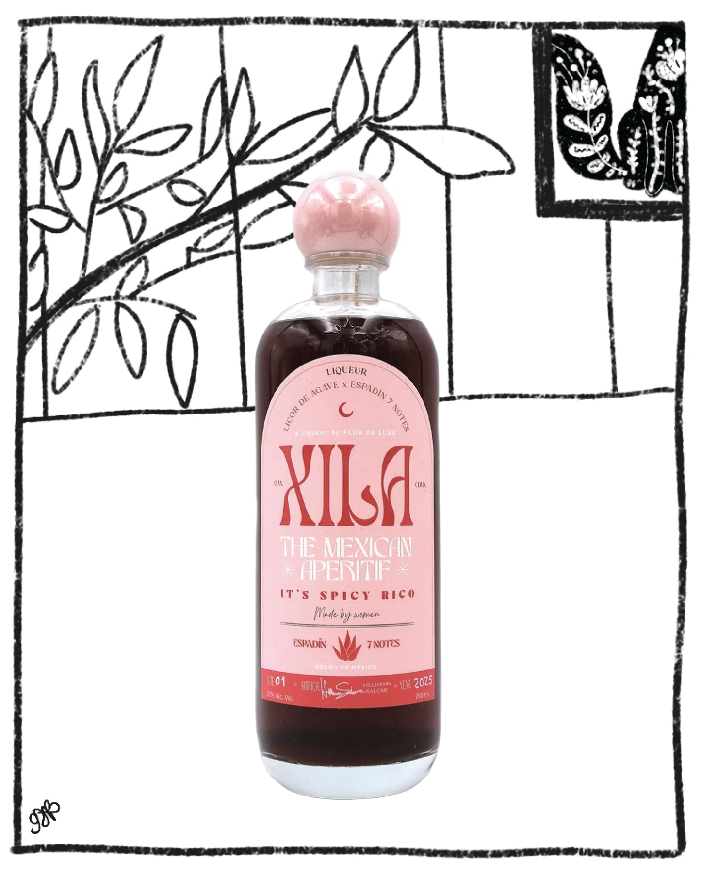 Bottle of Xila with pink label against a black and white illustrated background