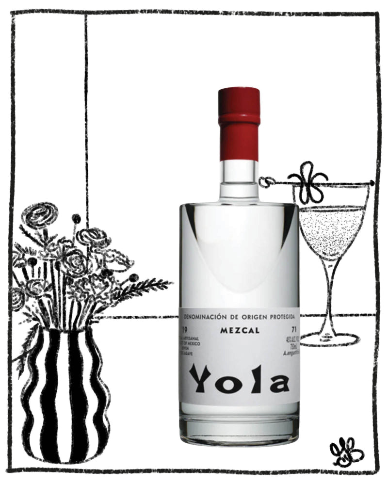 Yola Mezcal bottle with illustrations of flowers and a cocktail glass on a black and white background