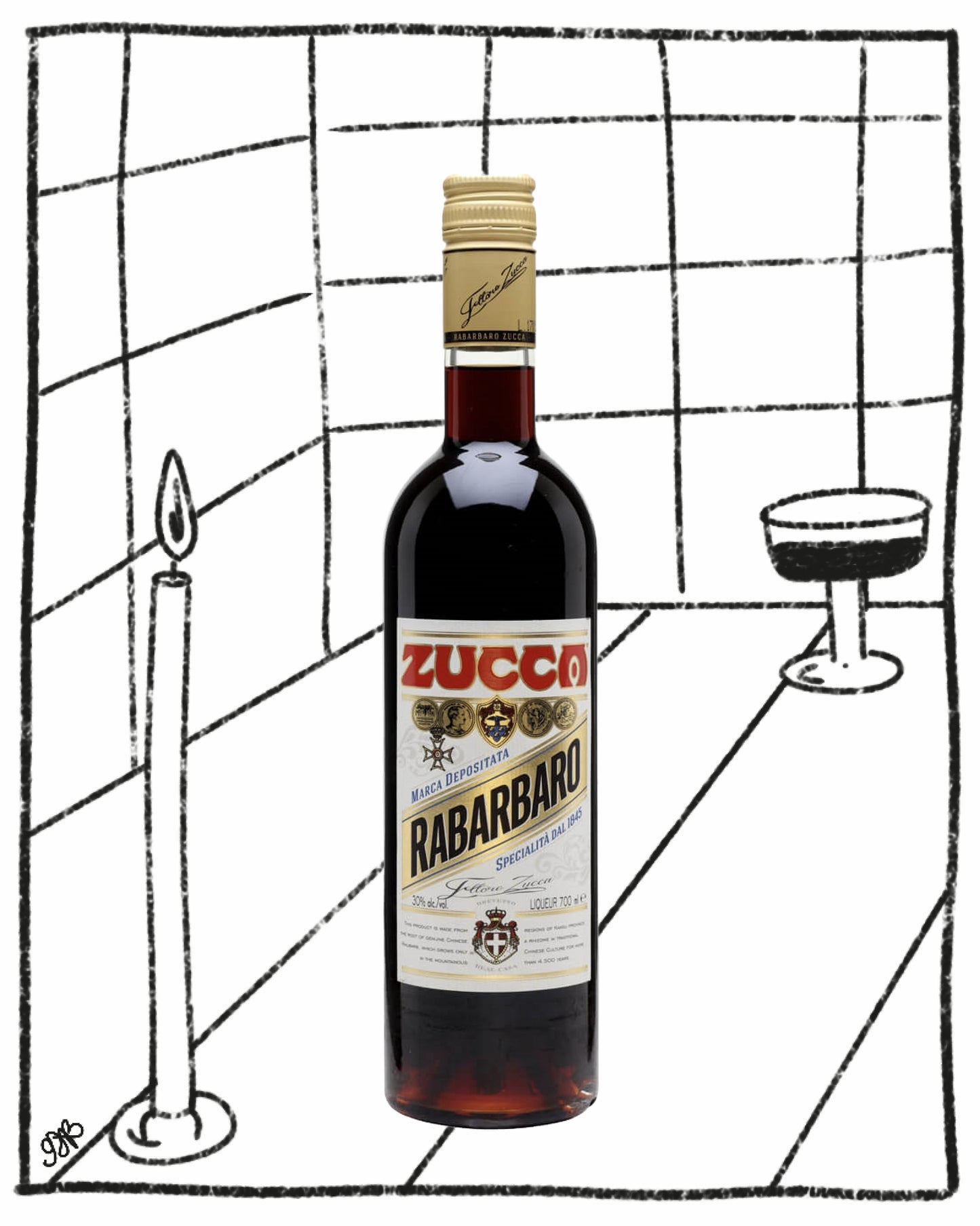 Bottle of Zucco Rabarbaro on a tiled floor with a candle and glass.