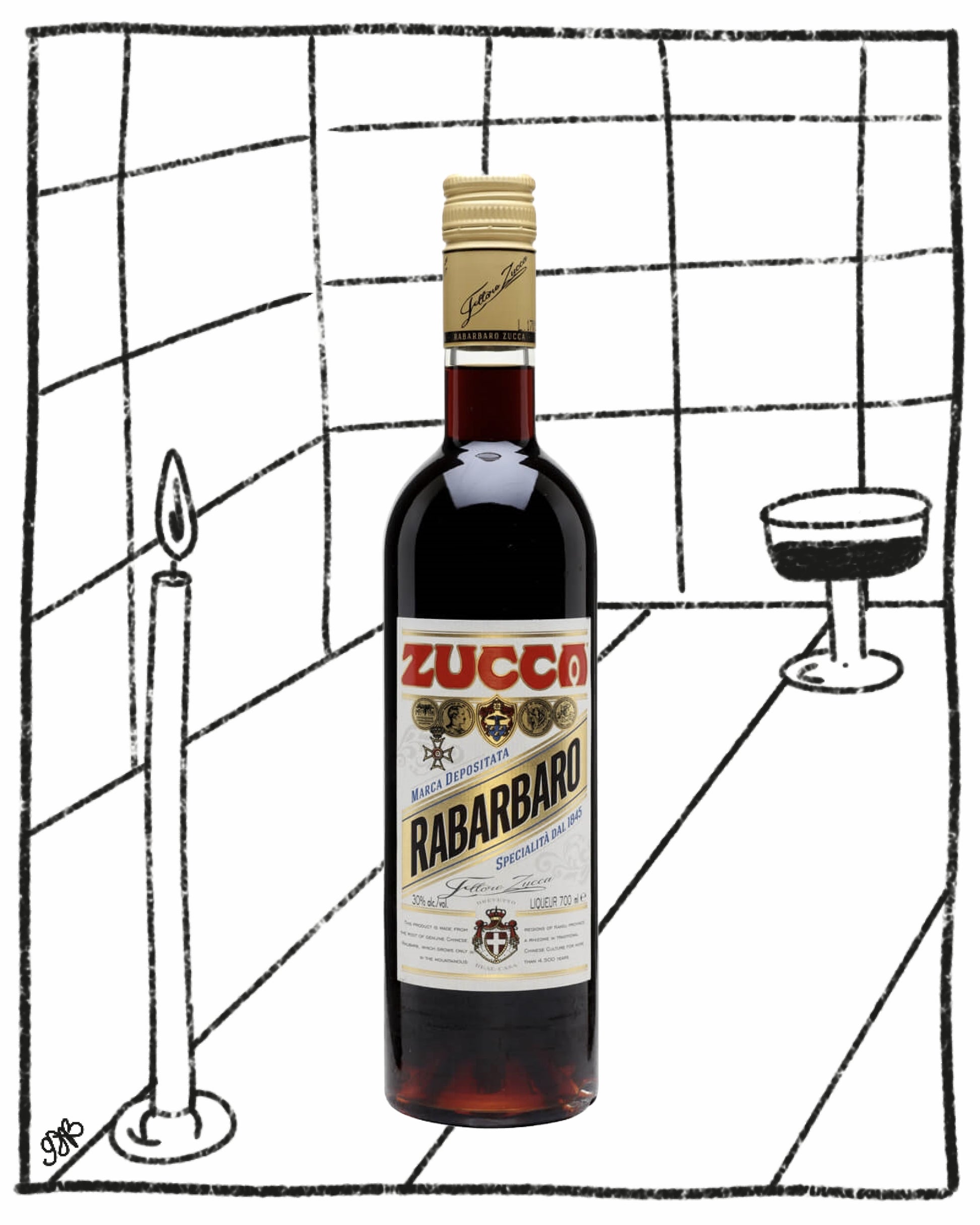 Bottle of Zucco Rabarbaro on a tiled floor with a candle and glass.