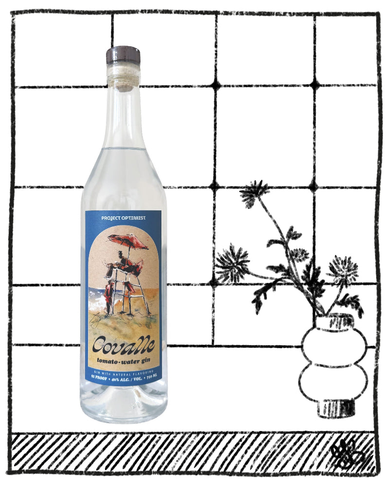 Bottle of Courvoisier rum on a white background with decorative black lines and plant illustration.