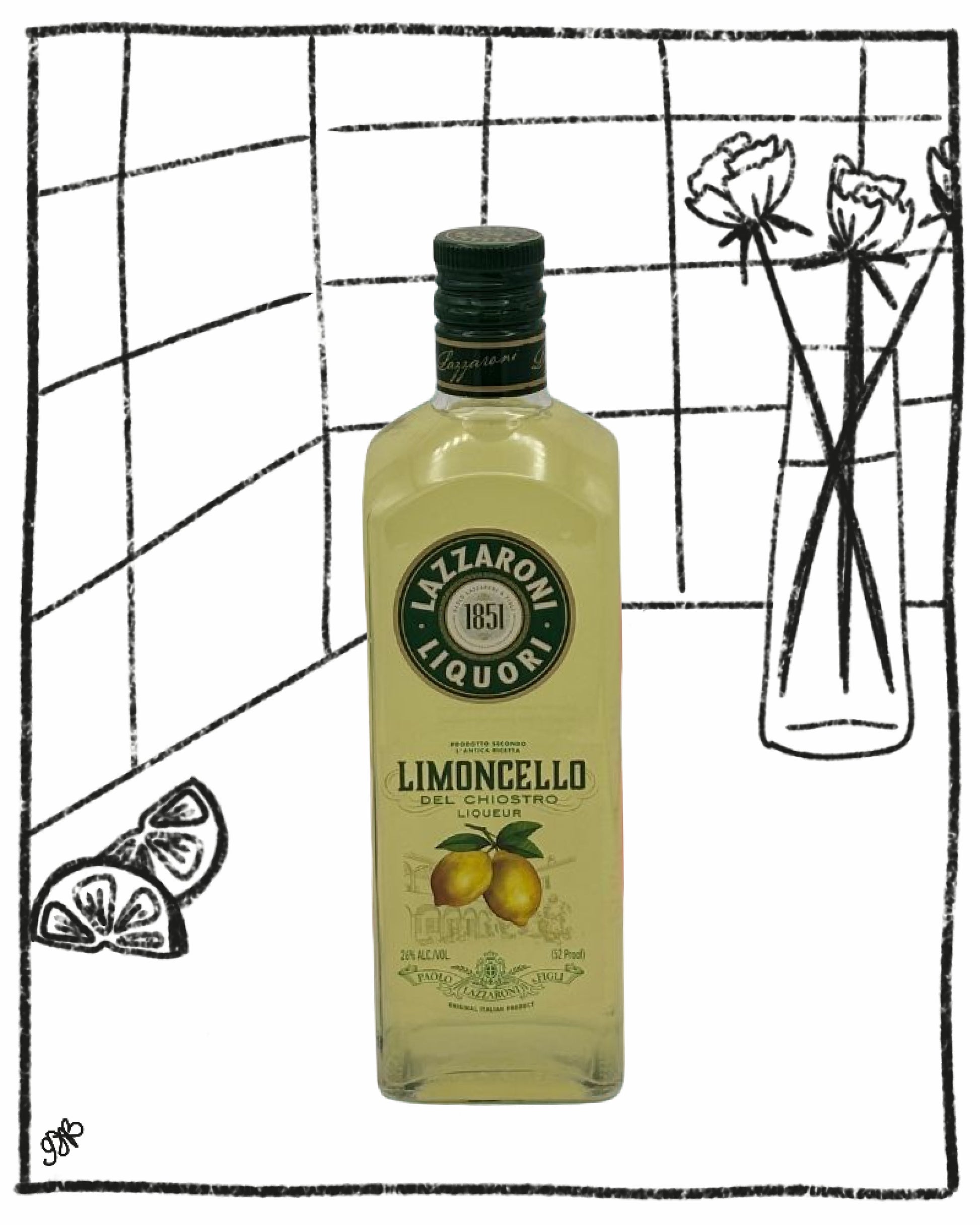 Lazzaroni Limoncello bottle with decorative elements on a grid background