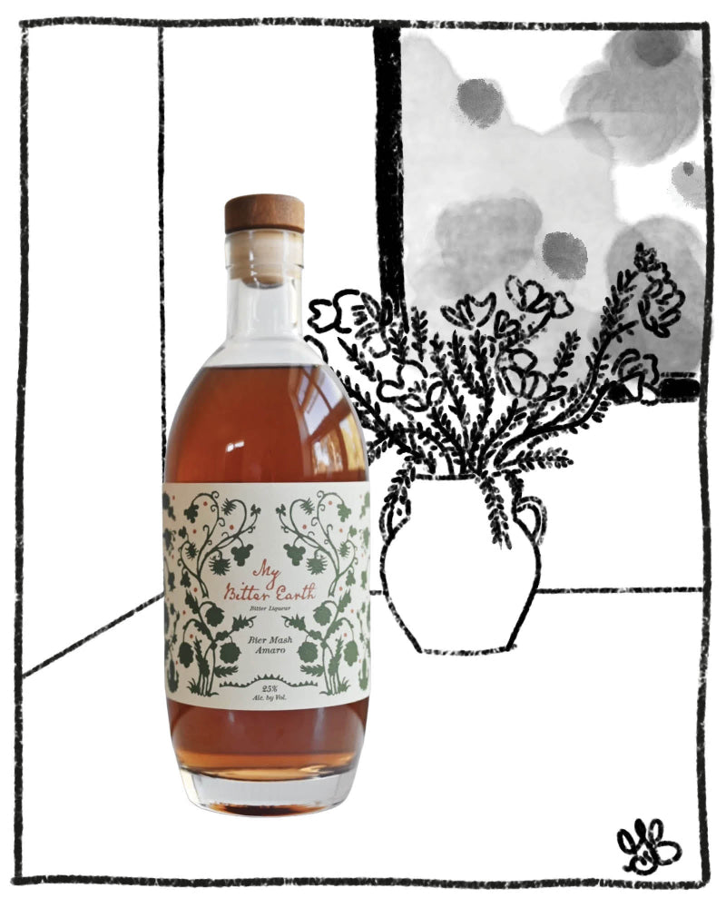 Bottle of liquor with a decorative label on a white background